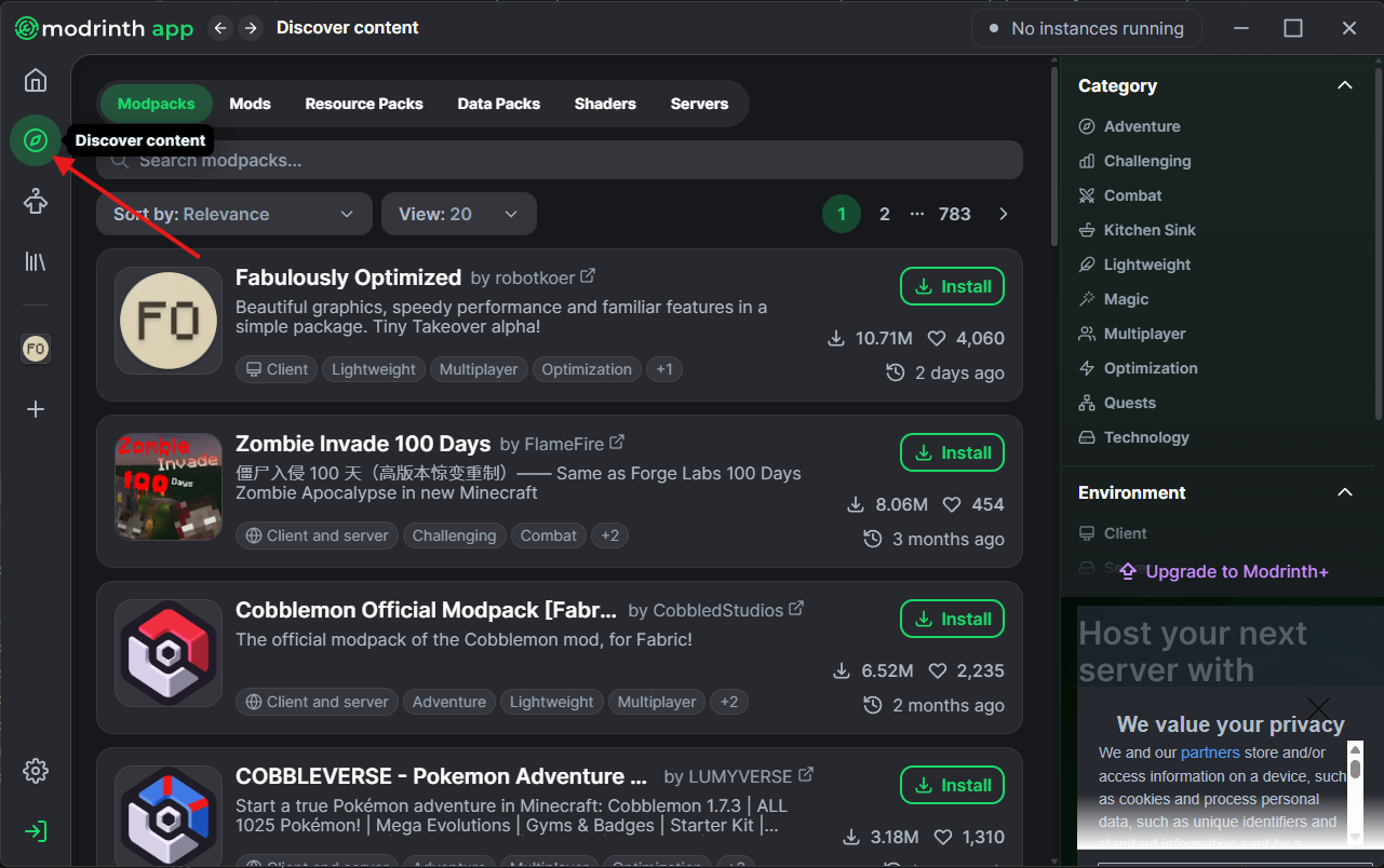 Go to the Discover content tab