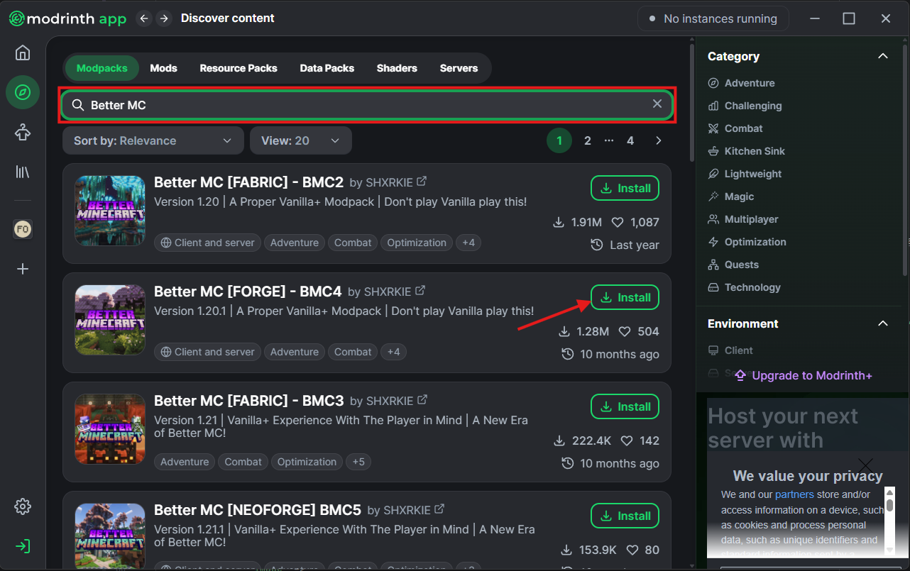 Search for and Install Modpack
